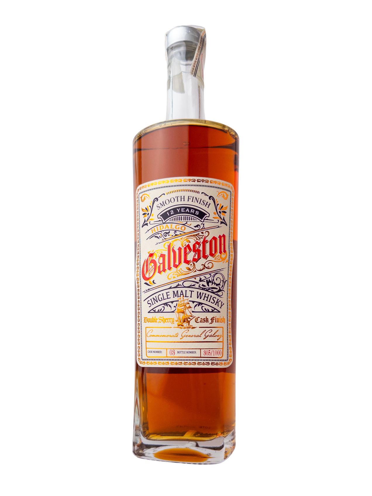 Bottle of Galveston Single Malt Whiskey on a white background